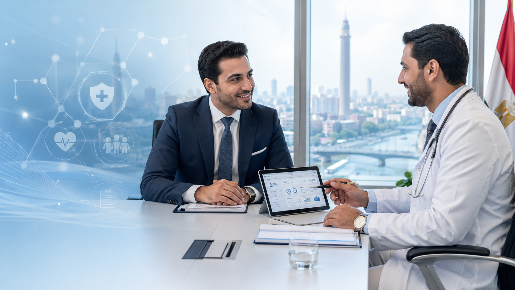 اجتماع بين مسؤول شركة ومستشار طبي لإعداد برنامج رعاية طبية للموظفين